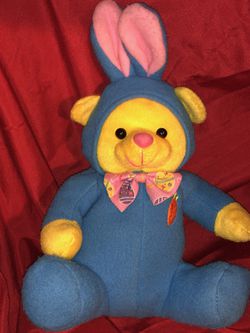 Yellow Teddy Bear in Easter Bunny costume with carrot on front , Easter egg bow tie and bunny ears! Plush doll toy !