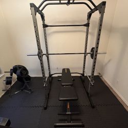 Home Gym Package – Power Cage + Bench + 275lb Olympic Plates + Olympic Bar