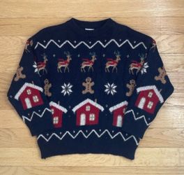 Zara Kids Christmas Holiday Sweater Navy Blue Gingerbread House Fair Isle Size 3