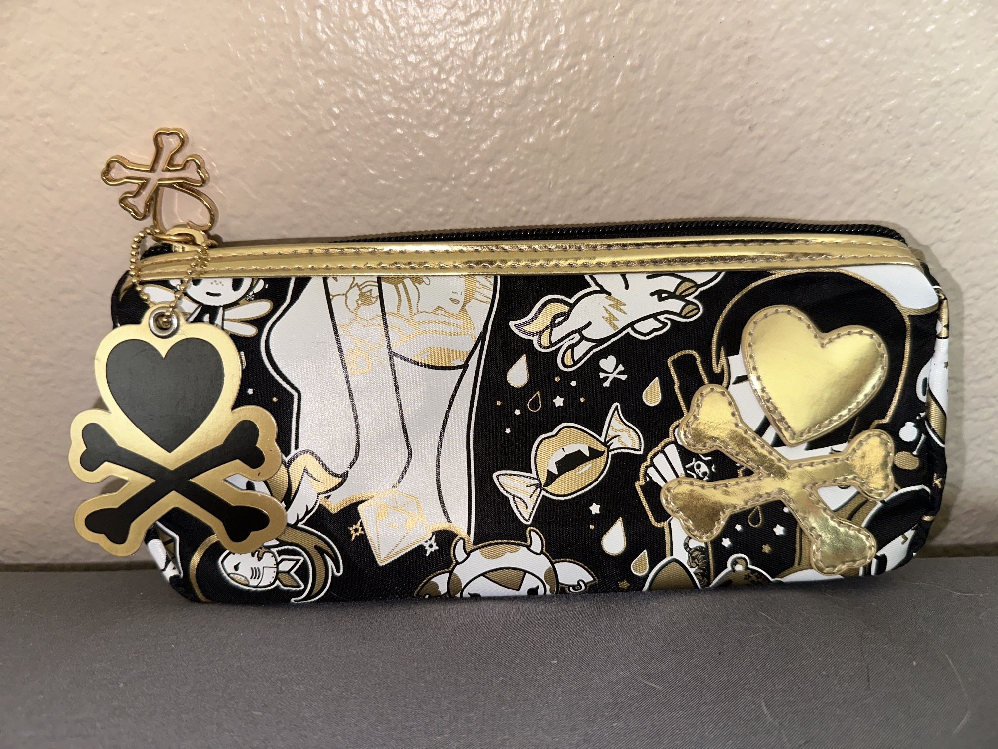 NWT Tokidoki 24 Karat Gold Heart Pencil Case Cosmetic Bag