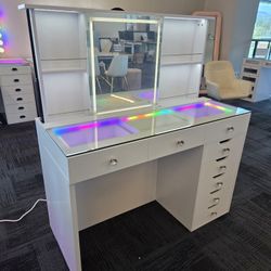 Gourges Vanity 8 Drawers RGB & Electric Pull Up Mirror With Shelves Lights & Bluetooth $998
