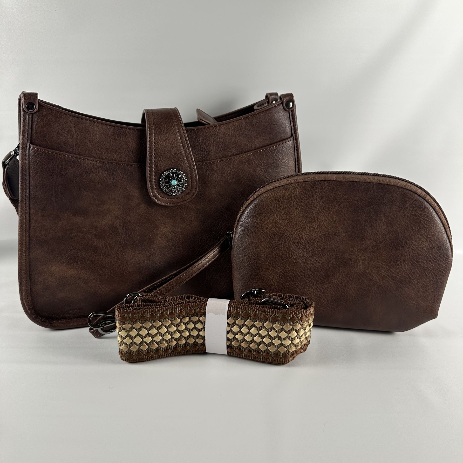 APHISON Brown Crossbody Bag Set Boho Strap Wristlet Pouch 3pc