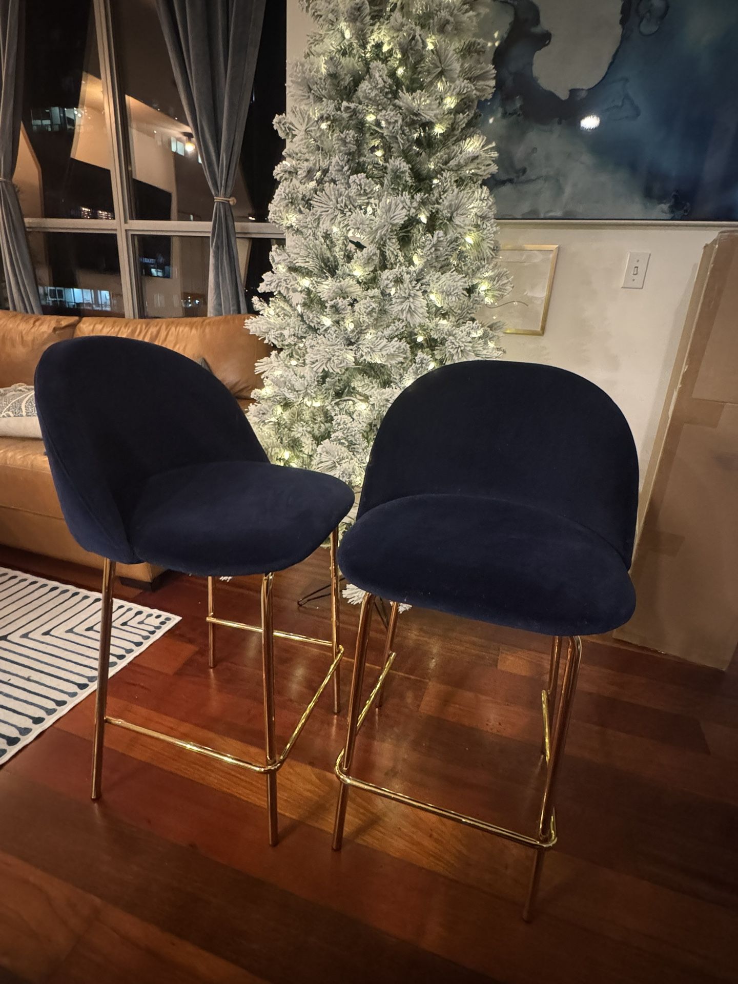 Bar Stools Set of 2, Velvet with Gold Legs