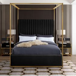 Queen Size Black Velvet Canopy Bed frame 