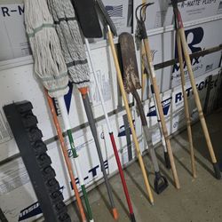 Garden tools, mops, tool storage rack