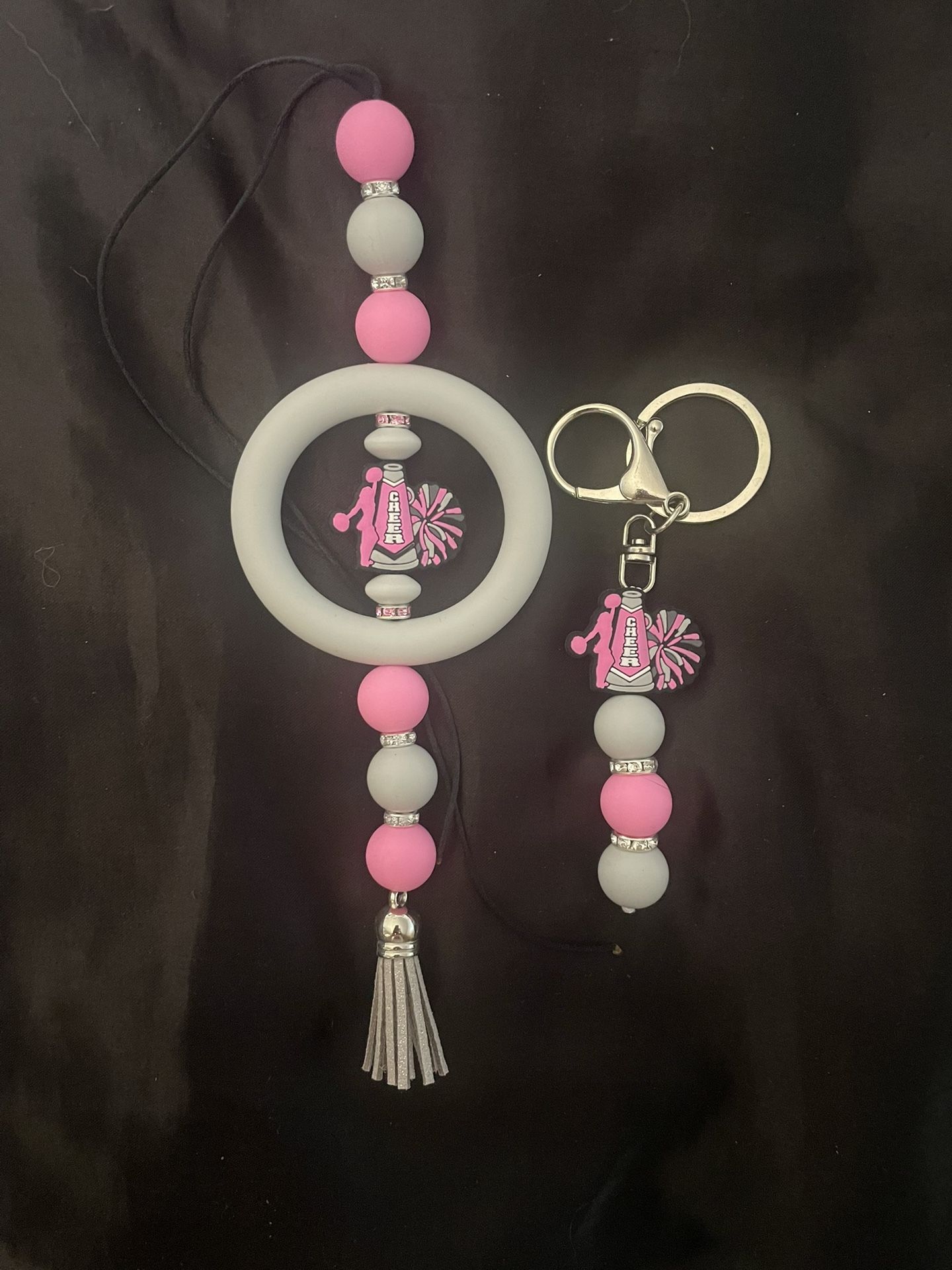 Pink Cheer Themed Car tag/Wristlet Set