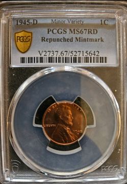 (RARE) 1945-D Lincoln Wheat Cent PCGS MS67RD Repunched Mintmark (RPM) Gold Shield Red Gem UNC