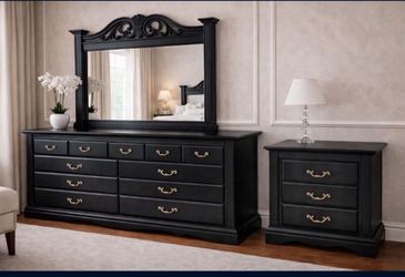READ! Black Dresser + Mirror + Nightstand Set