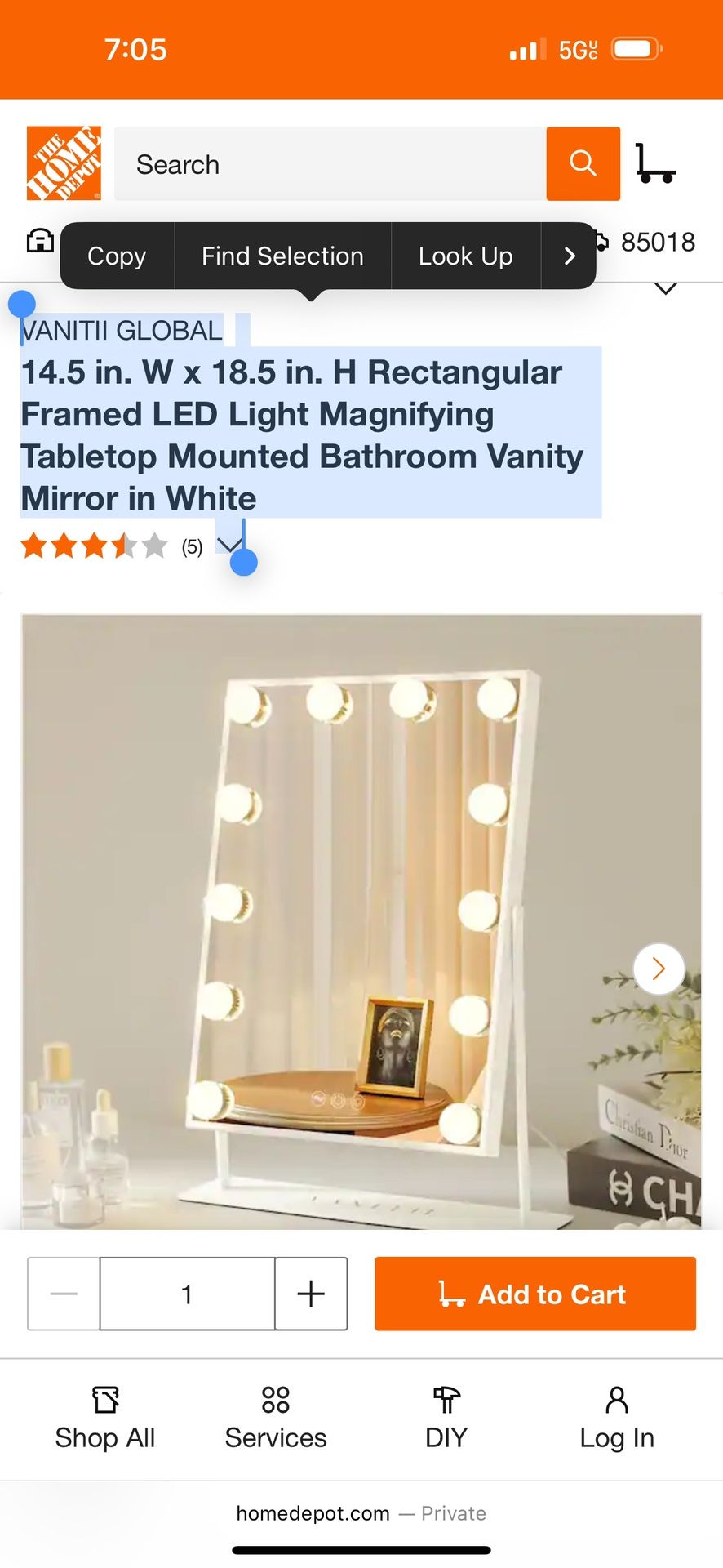 Light Magnifying Tabletop Mounted Bathroom Vanity Mirror in White #129