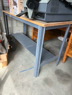 Metal Workbench with Wood Top and Lower Shelf