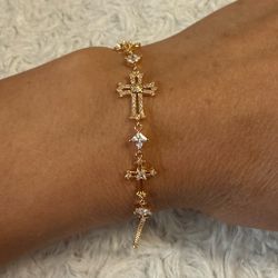 Gold-Tone Crystal Cross Chain Bracelet
