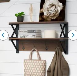 Brown Rectangular Floating Shelf with Hooks