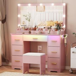 New 44" Vanity Desk with 38" Large Mirror and 9 LED Lights & Glass Top and Power Outlet, Makeup Vanity Set with 7 Drawers & Chair and RGB Ambient Ligh