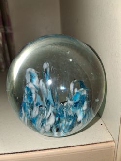 Art Glass Paperweight Blue White Swirl
