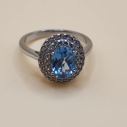 925 Sterling silver Swiss Blue Topaz and white Topaz oval cut double halo ring