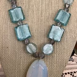 Frosted aqua necklace each piece looking like frosted ice And a large moonstone Looking pendant