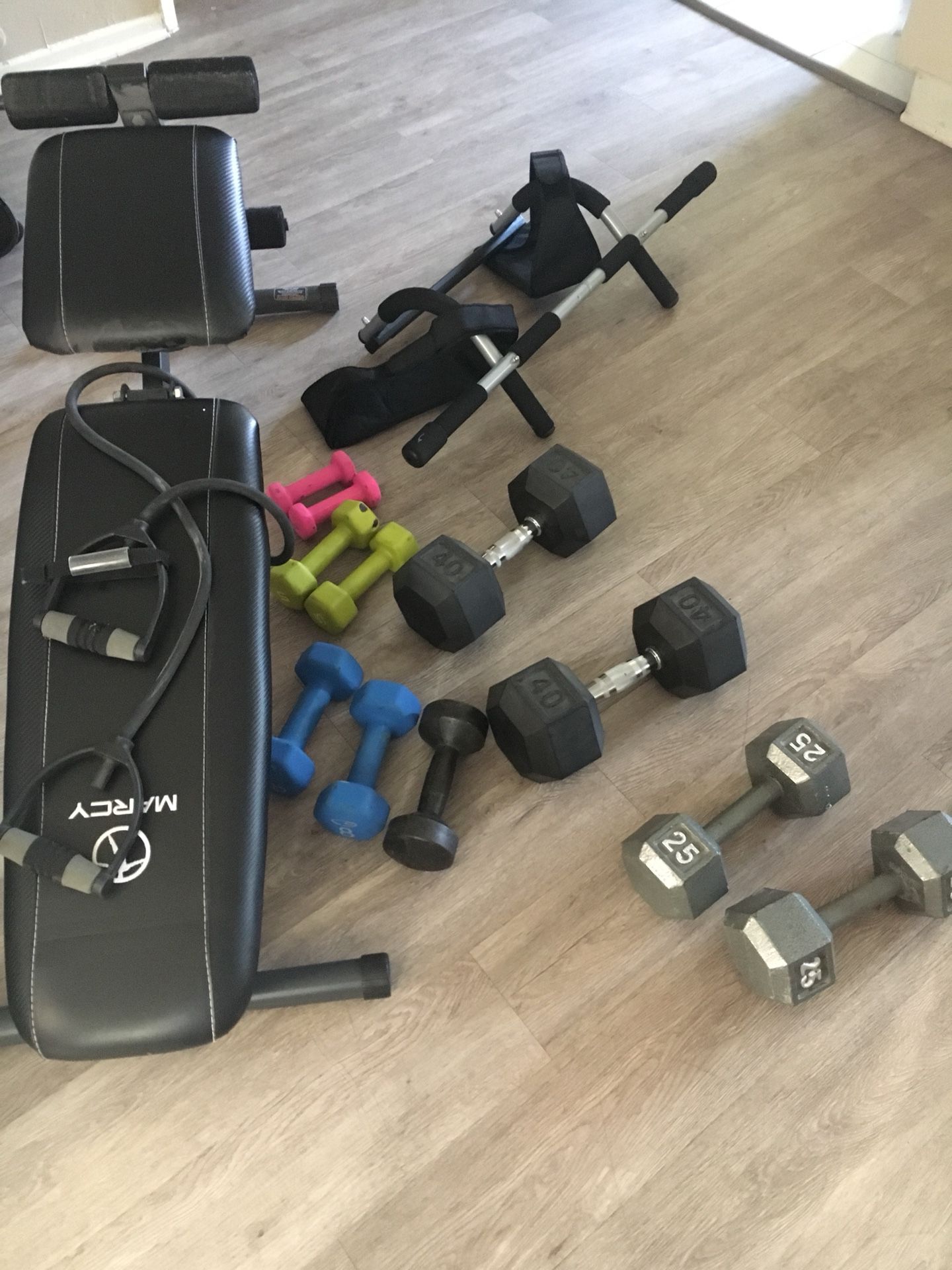 Weights, bench and pull up bar