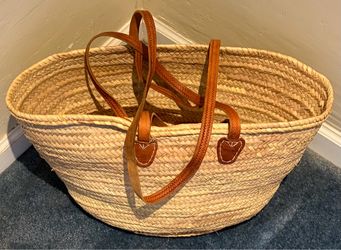 Large French Basket with Leather Handle Straps