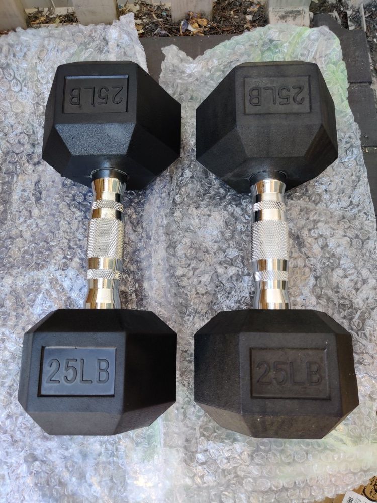 Brand New 25lb LB Rubber Hex Dumbbell Weight Set of 2 50lbs Total