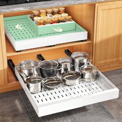 Pull out Cabinet Organizer, Expandable Width(14"-24"), Depth(13"-24") with 3 Rails, Slide Out Drawers With Raising Pad for Framed Cabinets, Fixed with