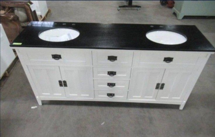 Bathroom Vanity Home Decorators Collection Artisan 72 in. W Vanity in White with Marble Vanity Top in Natural Black with White Sink