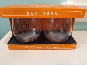 Rae Dunn~wizard Witch Stemless clear Wine Glass~Gift Set of 2