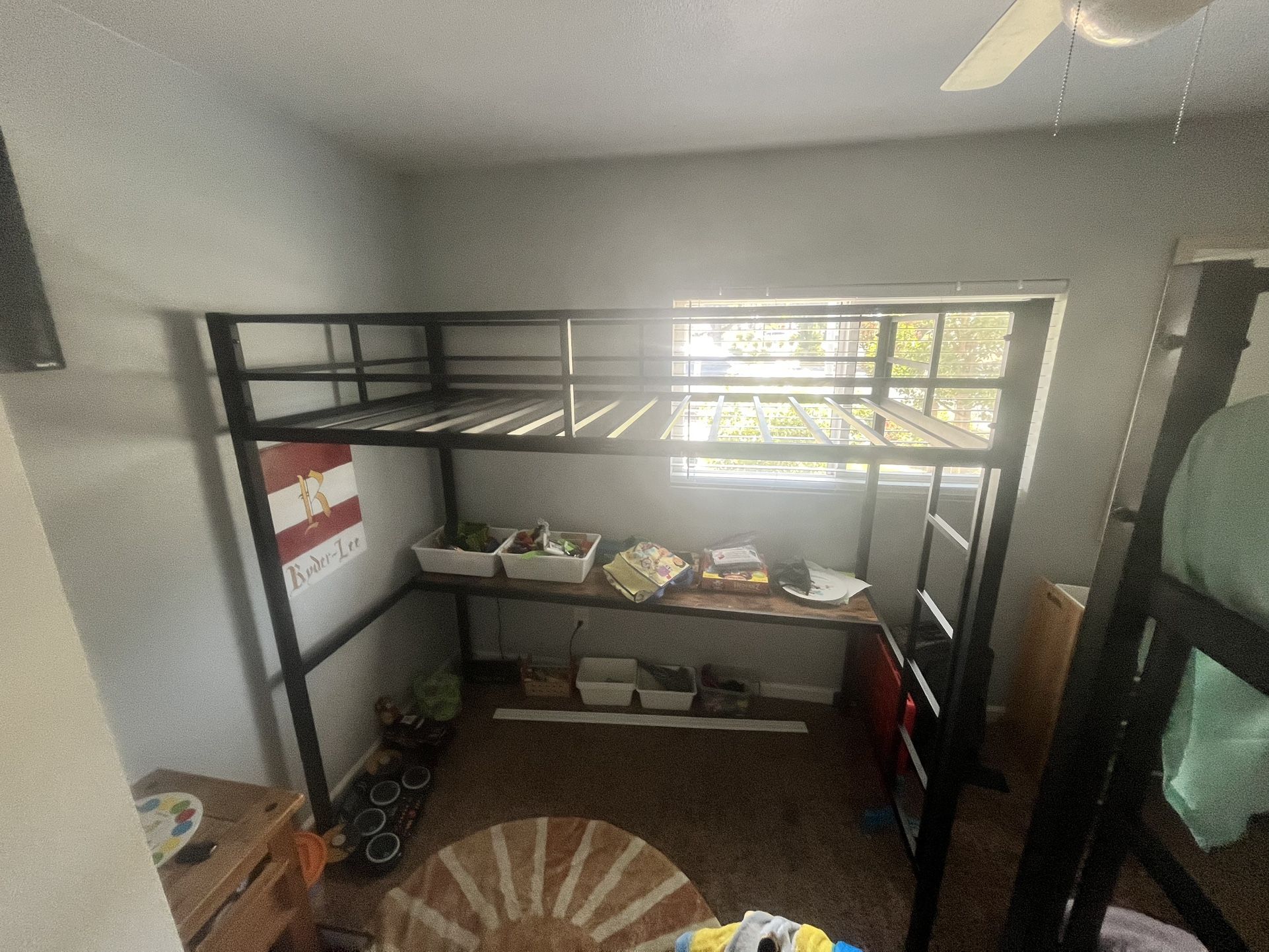 Twin Metal Frame Bunkbed Desk With Electrical Outlet