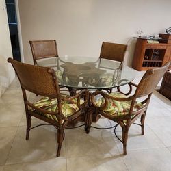 Glass Top Round Dining Table, Rattan, 4 Chairs
