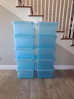 Set of 10 Blue Plastic Storage Bins with Lids