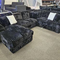 Brand New Sectional Corduroy Fabric Black Color Pull Out Bed & Storage Chaise $1499 FLOOR MODEL
