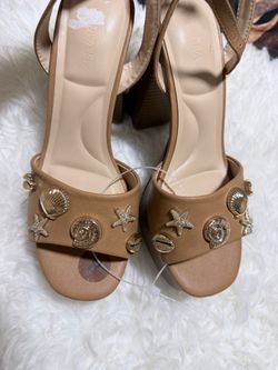 Tan Block Heel Sandals with Gold Seashell Embellishments