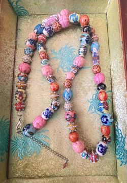   Vintage Handcrafted Chinese Porcelain Bead Necklace Ceramic Enamel Floral   