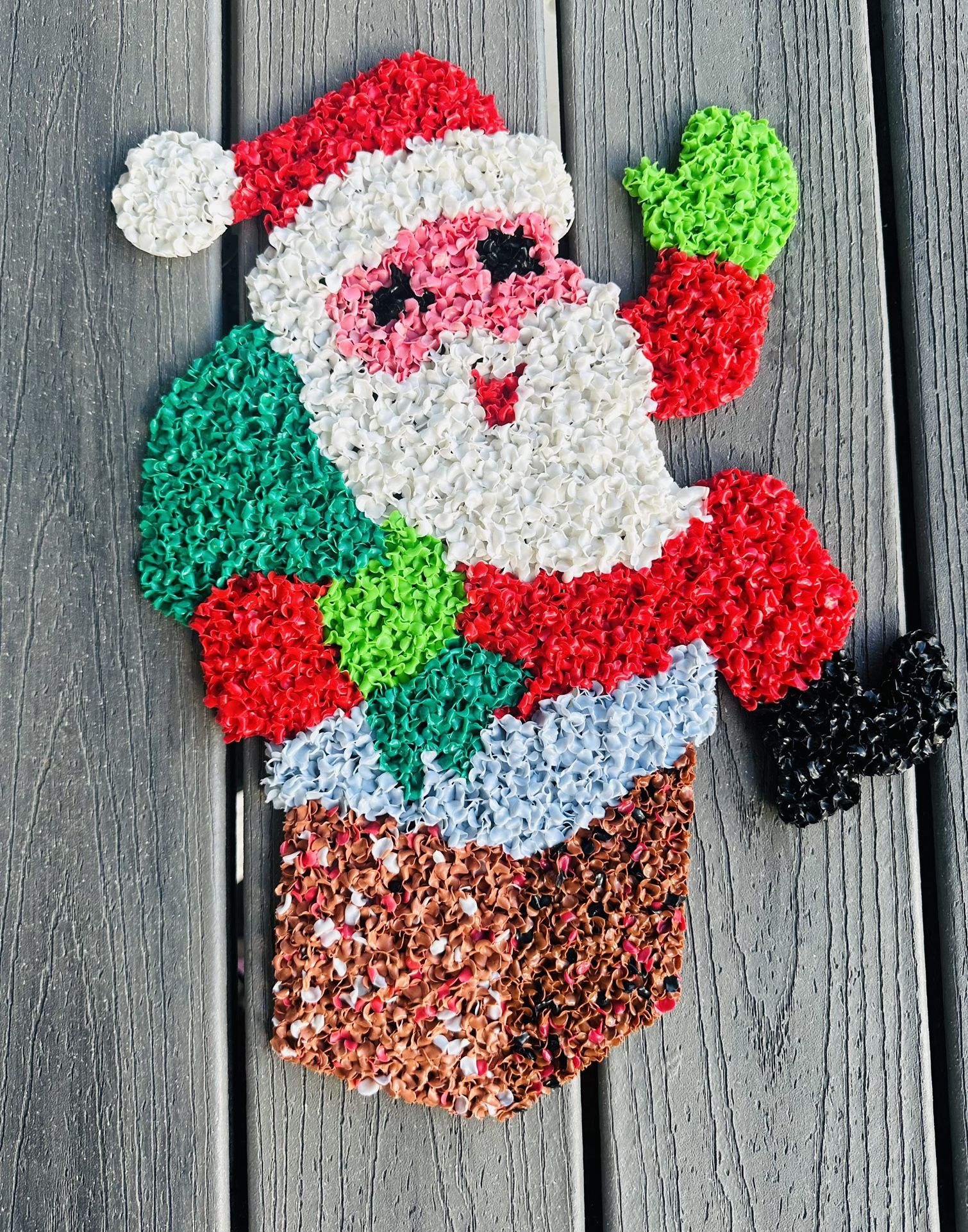 Vintage Melted Popcorn Santa in the chimney Christmas Decoration. 18” tall x 14” wide . Front and back are shown. can be used inside or outside.