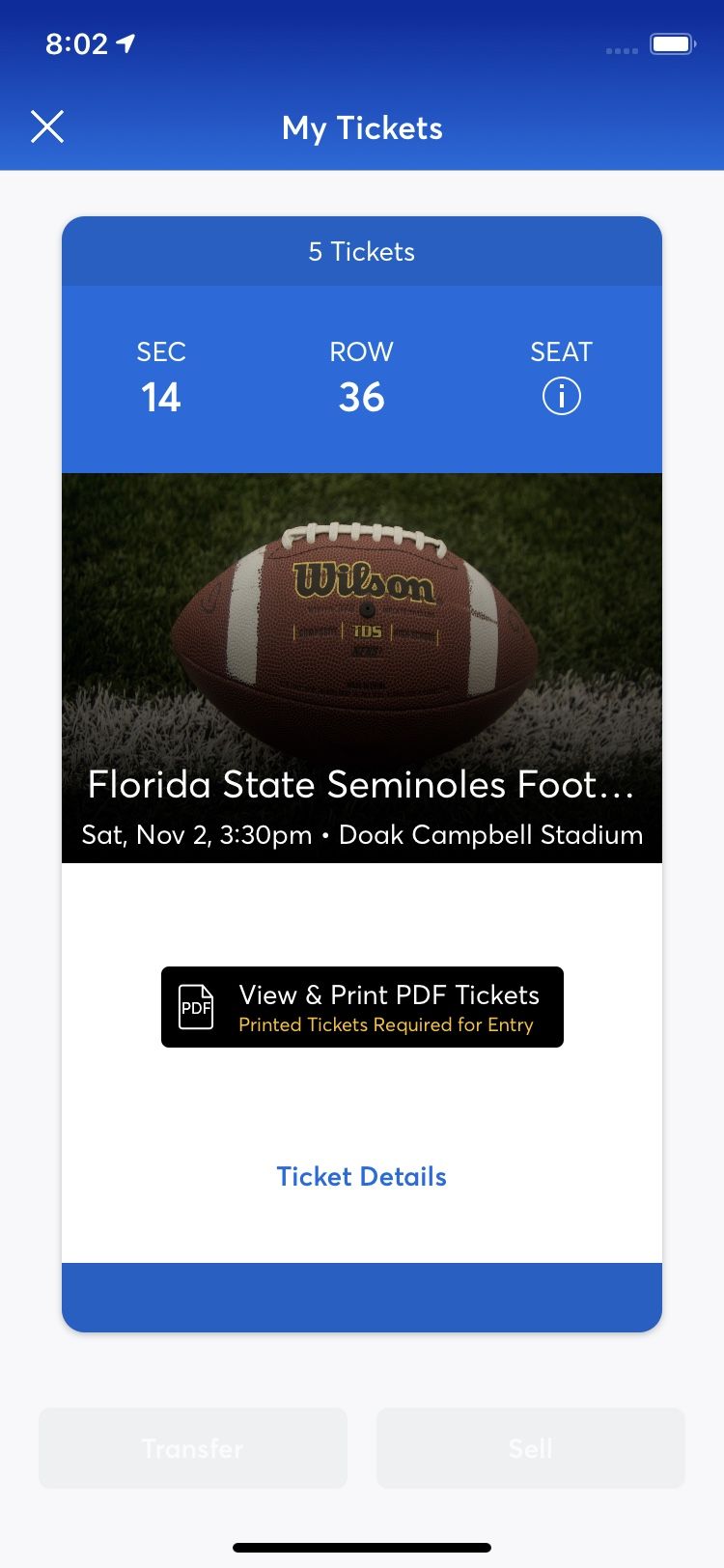 FSU VS UM GAME 1 ticket $120