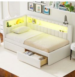 upholstery, twin size flatbed Brand new in box eurco upholstery, twin size platform bed sofa bed with usb charging station LED belt 2 drawers white