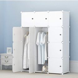 KOUSI Portable Closet Wardrobe Closets Clothes Wardrobe Bedroom Armoire Storage Organizer with Doors, Capacious & Sturdy, White, 6 Cubes+2 Hanging Sec