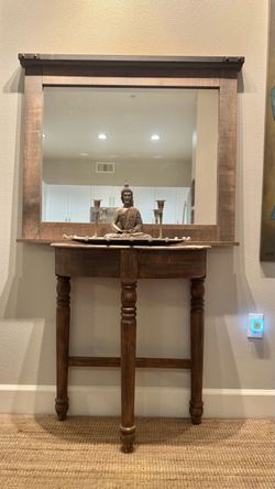 Entryway Console Table + Large Mirror SET – Rustic Wood, Half-Moon Demilune