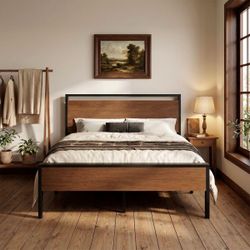 Queen Size  Industrial Wood Platform Bed Frame with Headboard and Footboard, Heavy-Duty Metal Slat Support, Black Oak