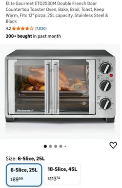 Elite Gourmet ETO2530M Double French Door Countertop Toaster Oven, Bake, Broil, Toast, Keep Warm, Fits 12" pizza, 25L capacity, Stainless Steel & Blac