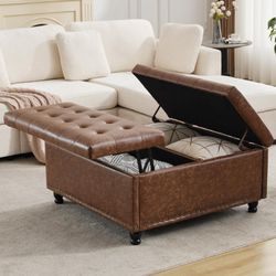Large Square Storage Ottoman Bench, Tufted Upholstered Coffee Table Ottoman with Lift Top & Solid Wood Legs, Oversized Storage Ottomans Toy Box for Li