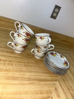 Vintage MEGA Germany Fine Porcelain Floral Tea Cup & Saucer Set  6 Cups & 6 Dishes