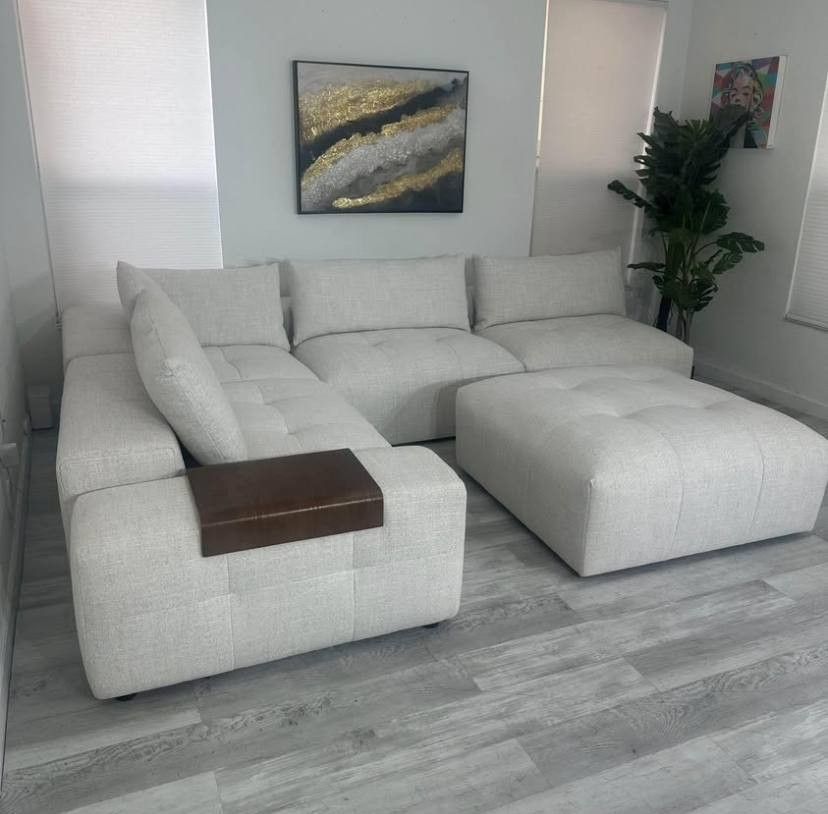 Sectional Cozi Modular Couch Off-White 4 Seater With Table Armrest & Ottoman