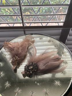 Hair clips soft pink Feather; vintage rhinestone & beads