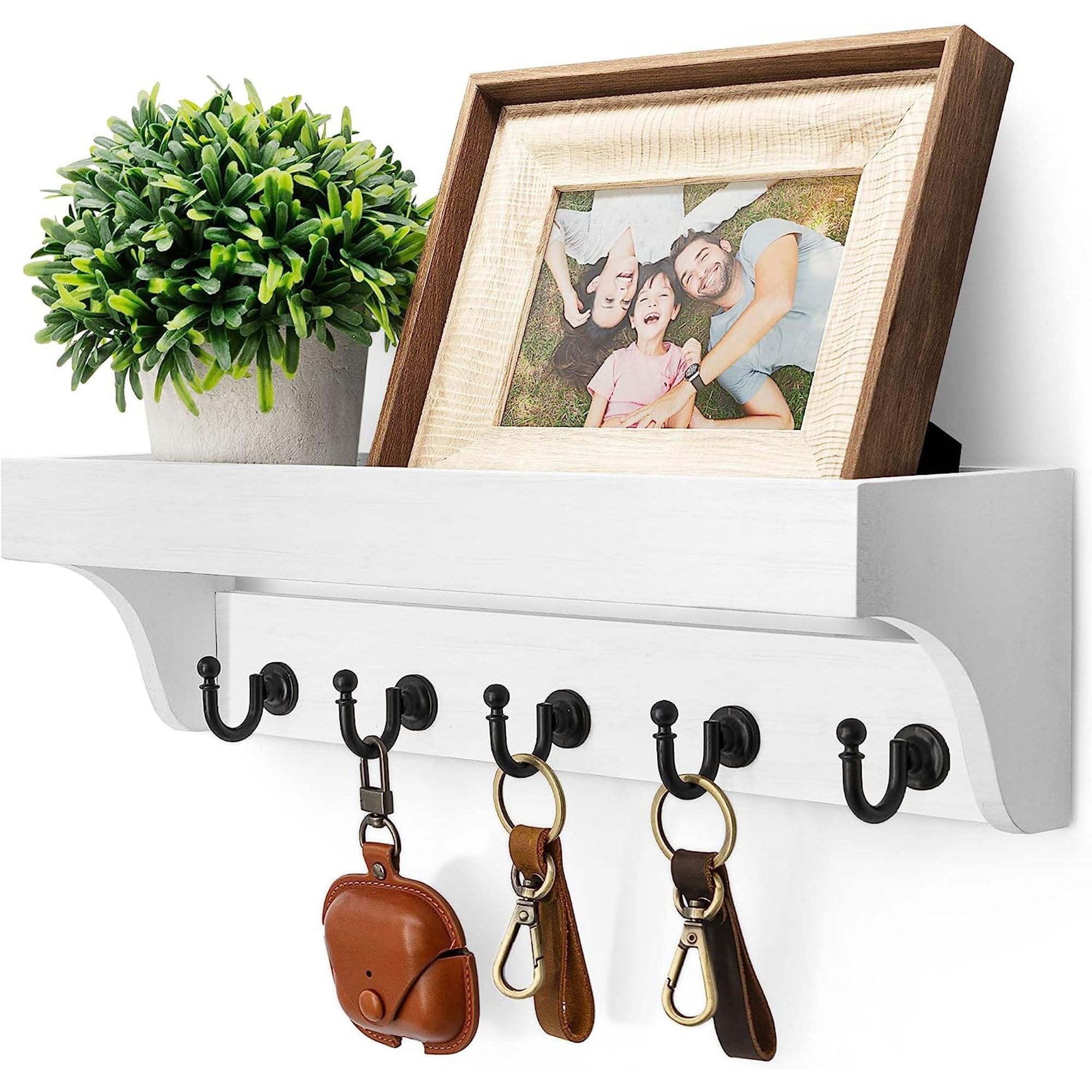 Rebee Vision Key And Mail Holder For Wall With Floating Shelf : Decorative Hanging Organizer With 5 Sturdy Keys Hooks And Wall Mount Key Rack - Farmho