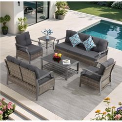 6 Pieces Metal Patio Furniture Set, Wicker Outdoor Conversation Set with Sectional Sofa Couch and Loveseat Chair for Porch Deck Bistro Lawn Garden Bac