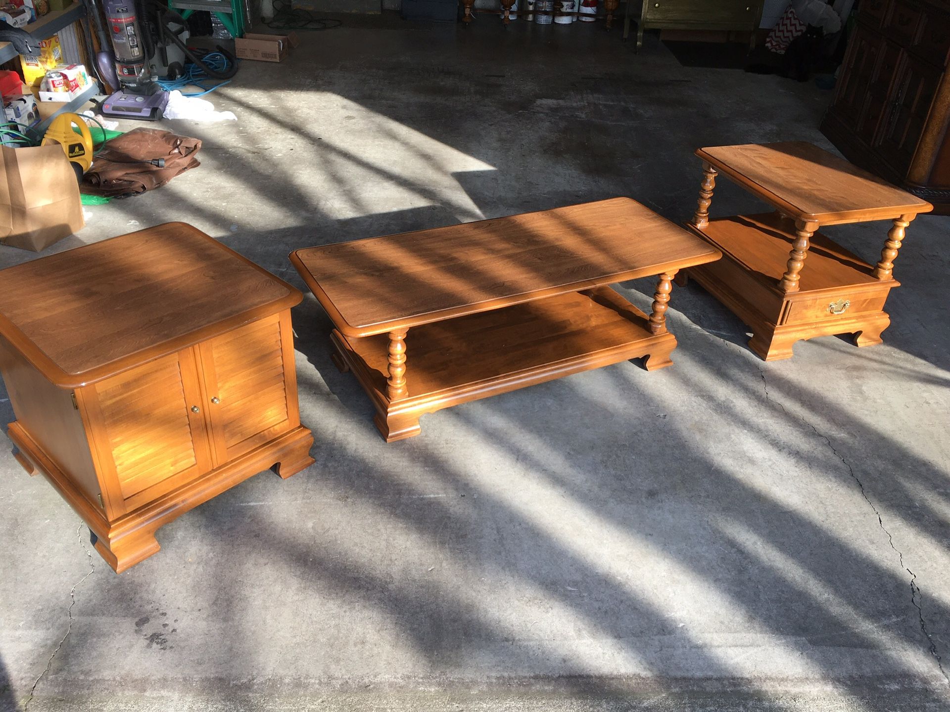 ETHAN ALLEN Nutmeg Maple coffee table and two accent end tables