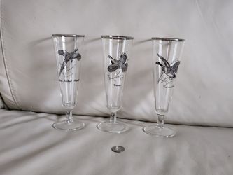Federal Glass Silver Rim Game Birds Footed Pilsner Pedestal Glasses 8.2" Set Of 3 Holidays, New Year Barware