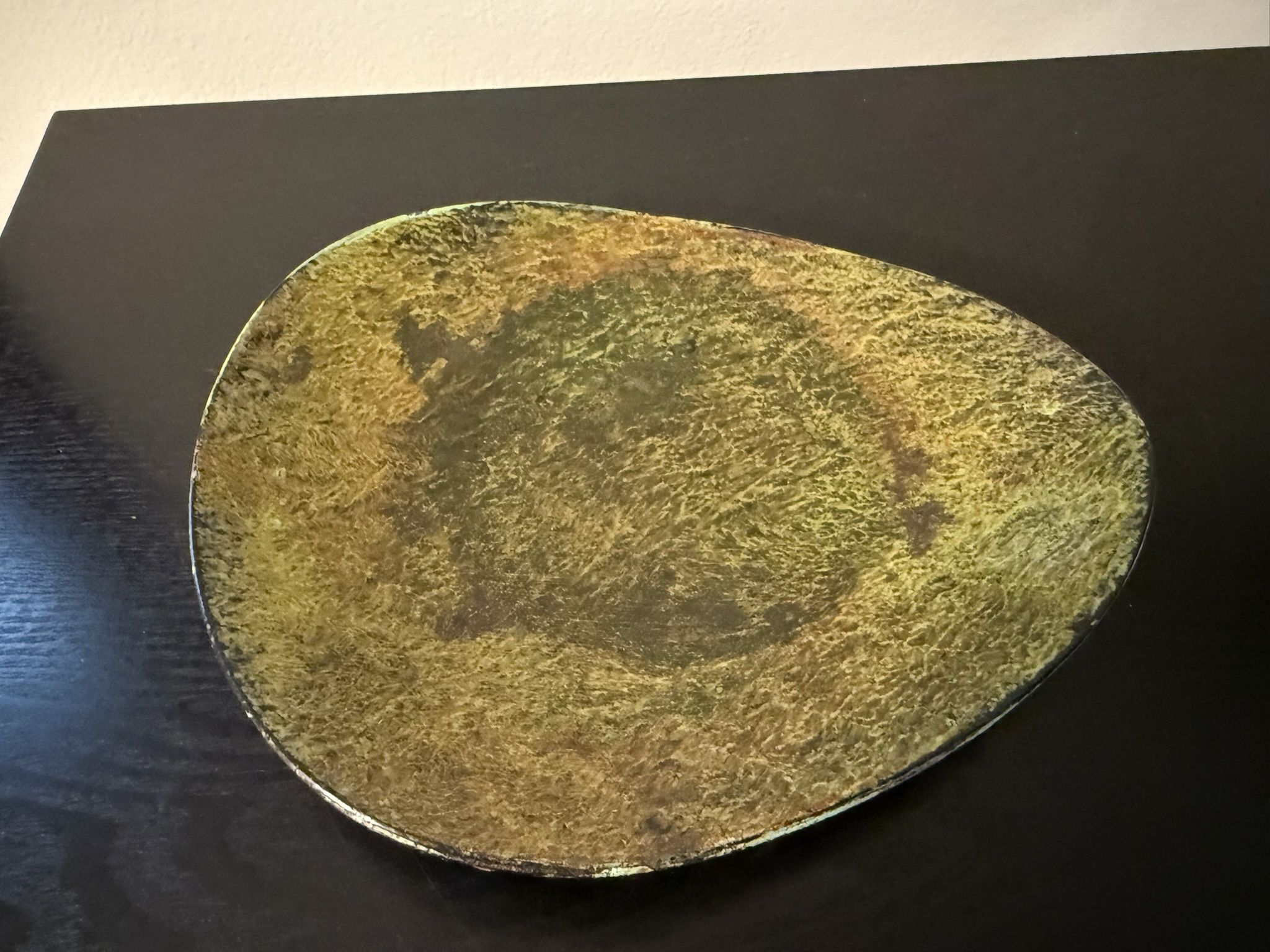 Pier 1 One Pillar Candle Holder Metal Plate Brown Green Oval 8” Trinket Dish