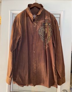 Descripz Craft Mens Brown Embroidered Button Up Shirt Cross Wings Graphic