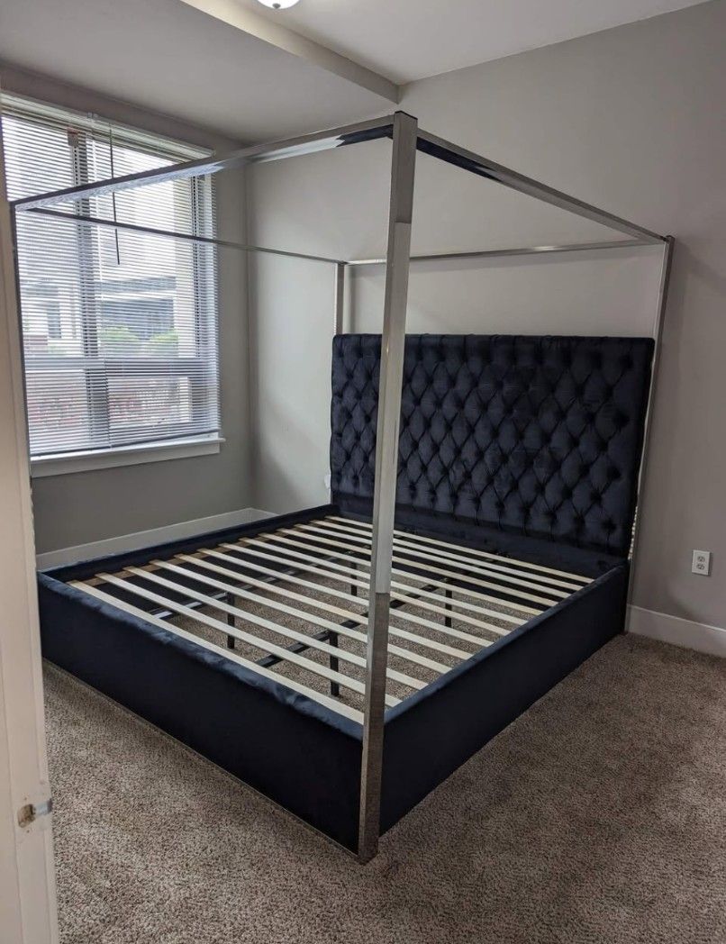 Canopy Bed Velvet Fabric & Chrome Trim